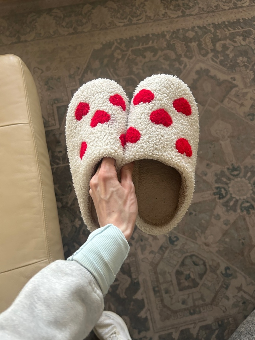 Cozy Cream Sherpa Slippers with Red Heart Dots